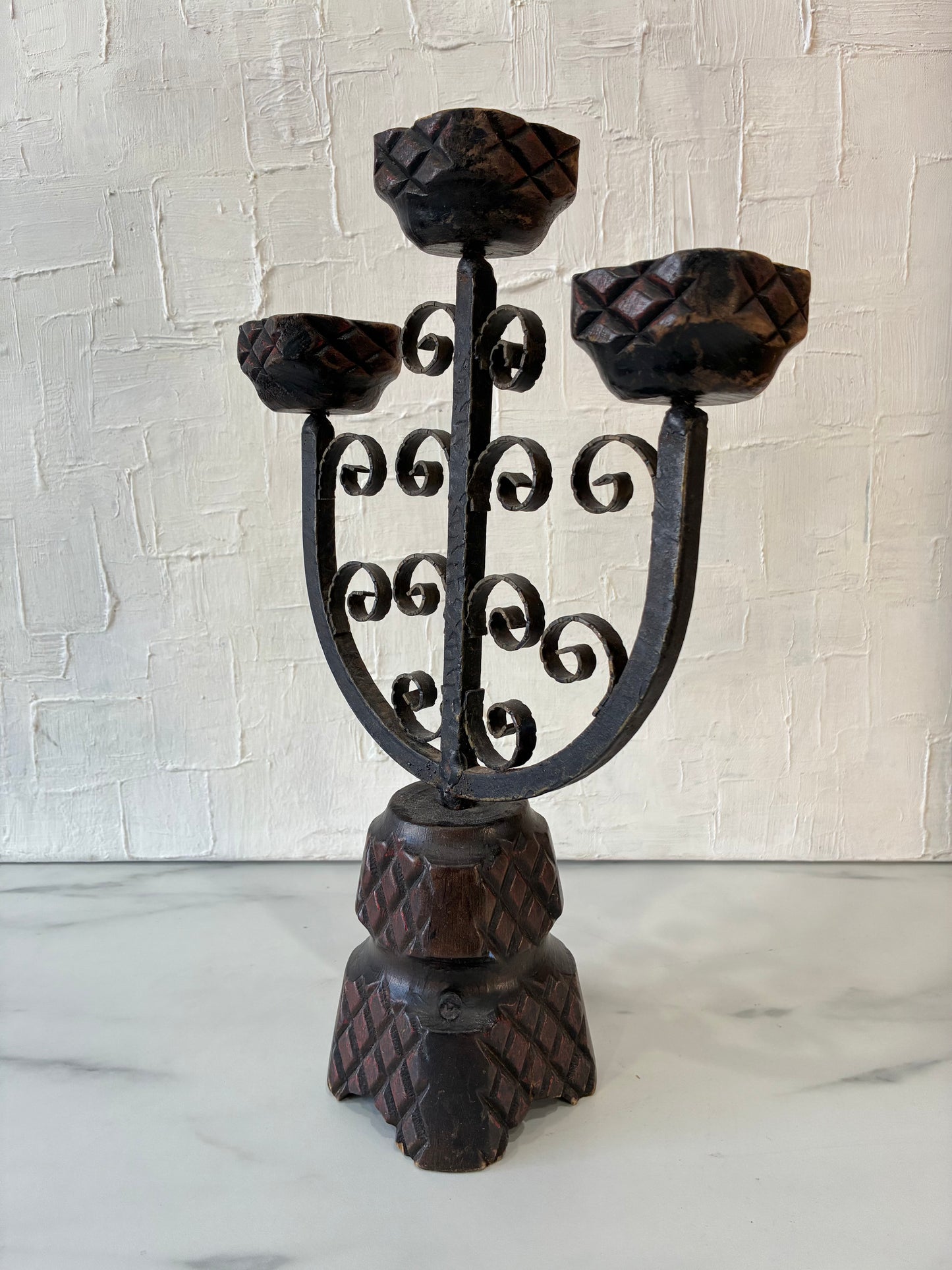 Vintage Wood Carved, Medieval Inspired Scroll Iron Work, Tri-head Candelabra