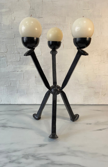 Set of 3, Handcrafted Welded Railroad Spike Iron Candelabra Tri-Head + Two Single Candle Holders