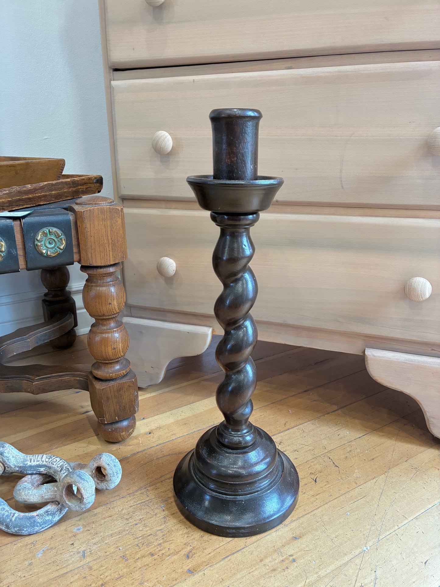 Large Vintage English Barley Twist Wooden Candle Holder