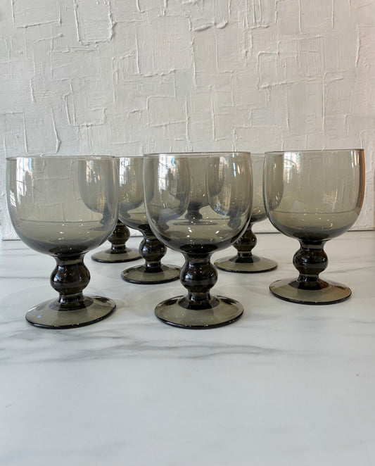 Smokey Grey Glass Blown Goblets with Ball Stem sold as set of 7