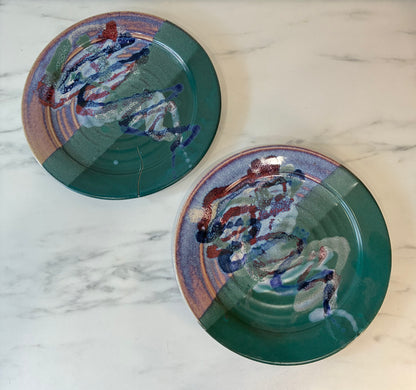 Pair of Bruce Larrabee, Park City Studio Plates, Teal Purple Glaze