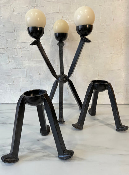 Set of 3, Handcrafted Welded Railroad Spike Iron Candelabra Tri-Head + Two Single Candle Holders