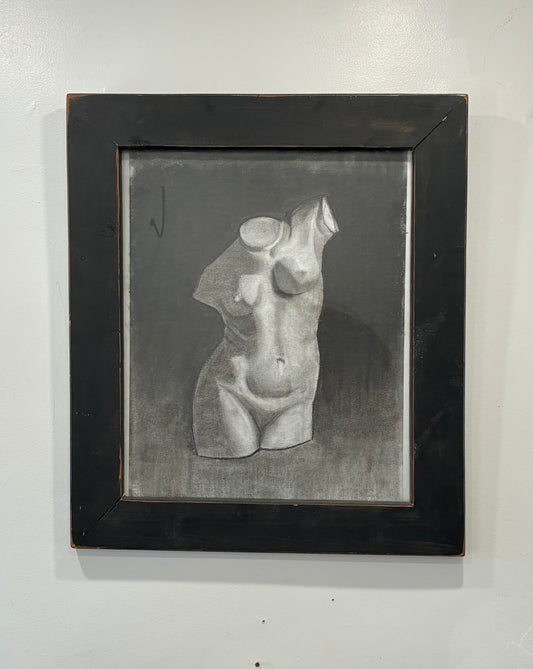 Original Charcoal Body Study Bust in a Thick Wood Black Frame