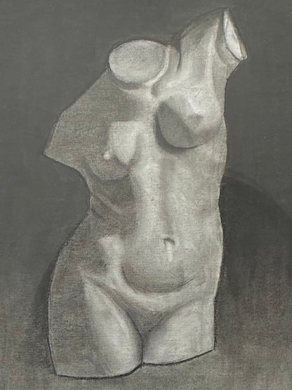 Original Charcoal Body Study Bust in a Thick Wood Black Frame