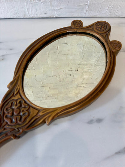 Antique Art Nouveau Carved Wood with Velvet Back Hand Mirror