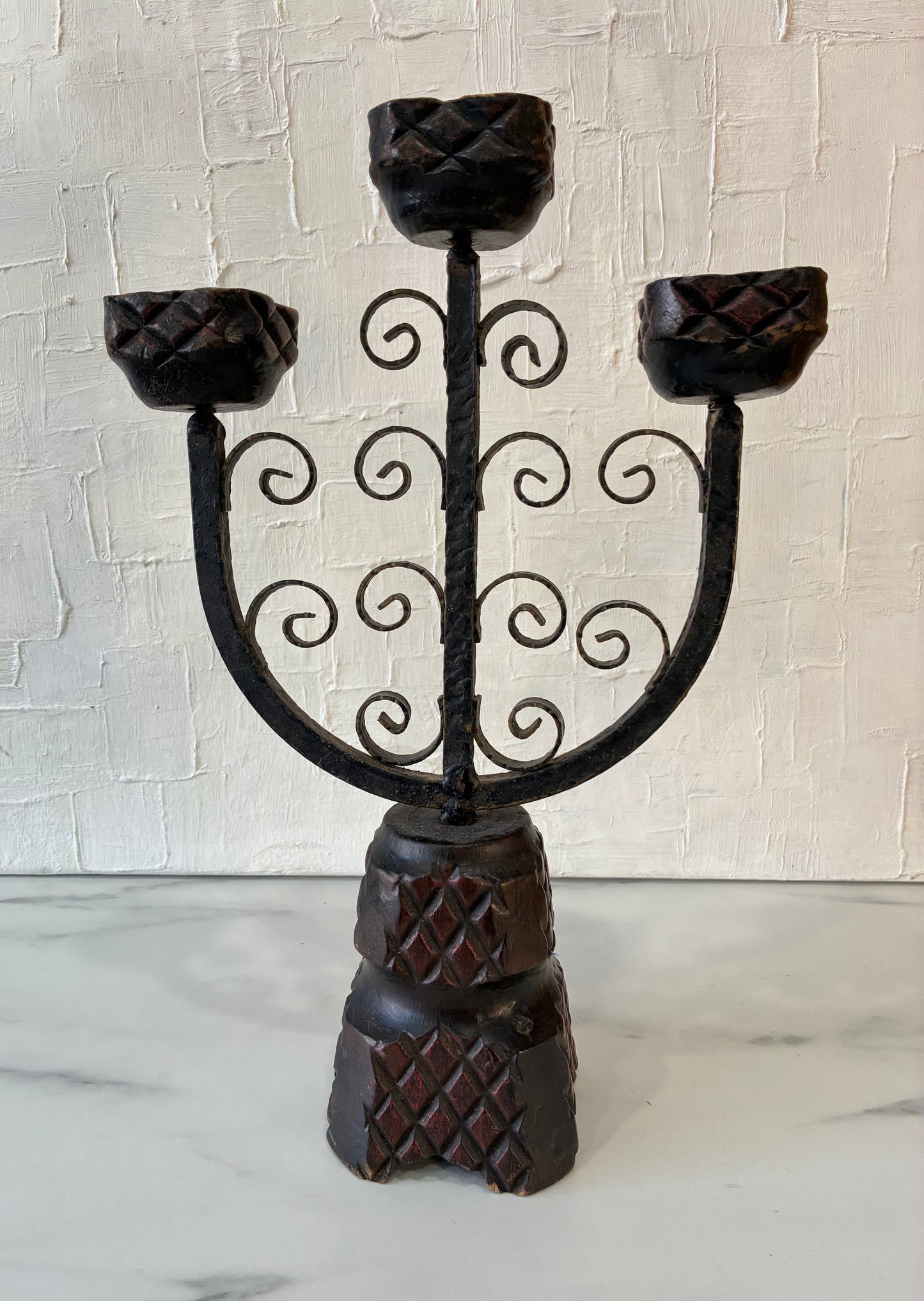 Vintage Wood Carved, Medieval Inspired Scroll Iron Work, Tri-head Candelabra