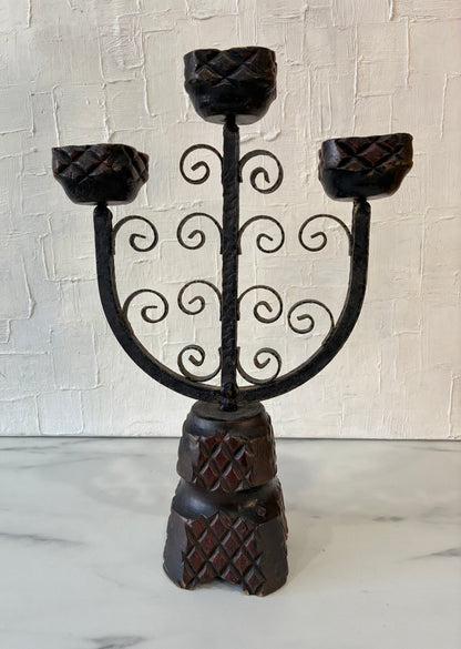 Vintage Wood Carved, Medieval Inspired Scroll Iron Work, Tri-head Candelabra