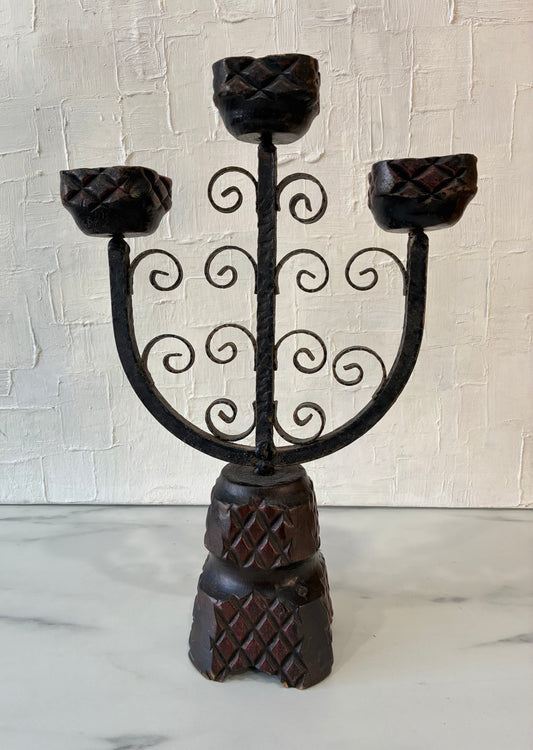 Vintage Wood Carved, Medieval Inspired Scroll Iron Work, Tri-head Candelabra