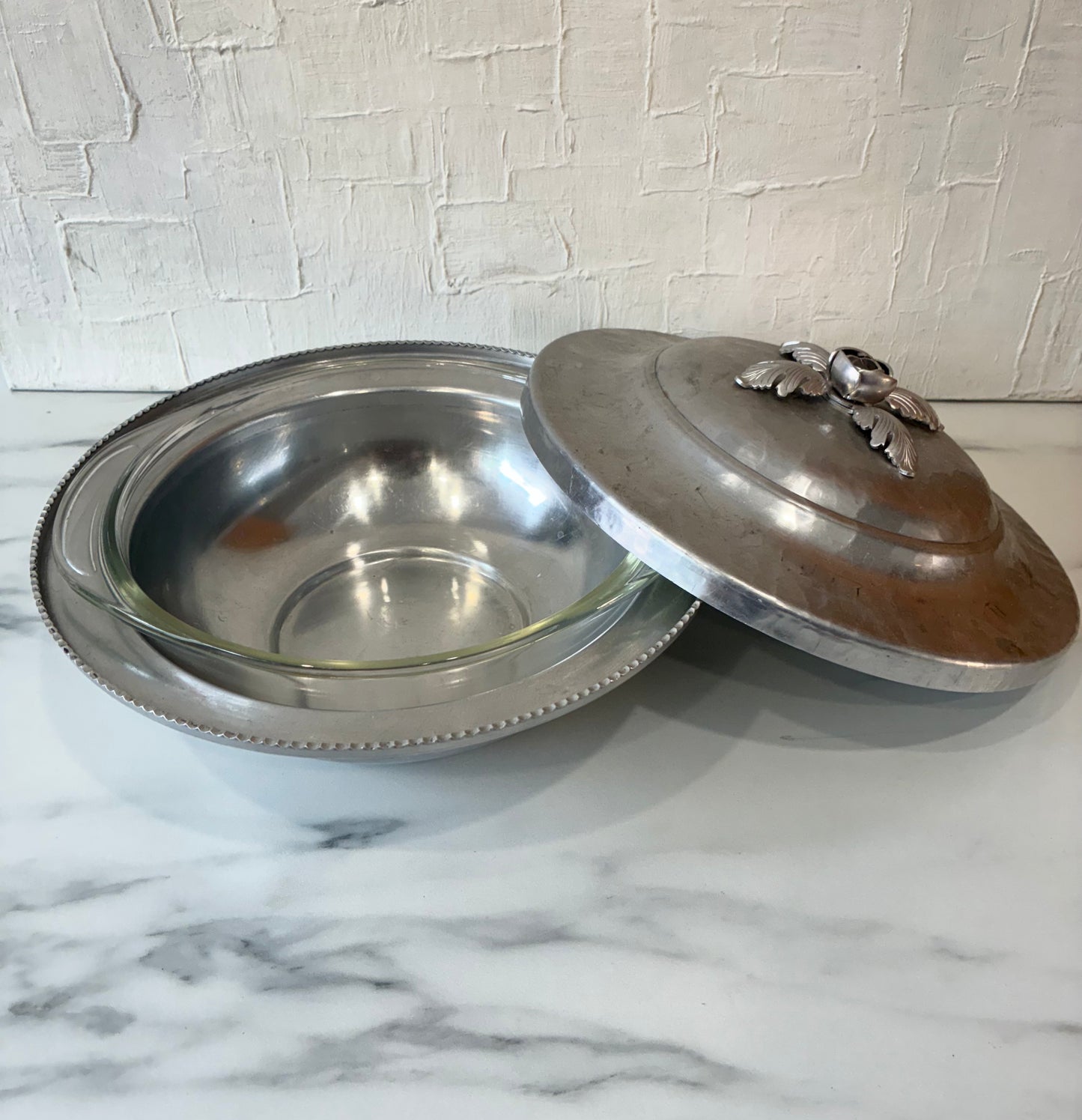 Trade 1960 Continental Hand Wrought Silverlook 557 Serveware with Pyrex Interior Vessel Kitchenware Bowl