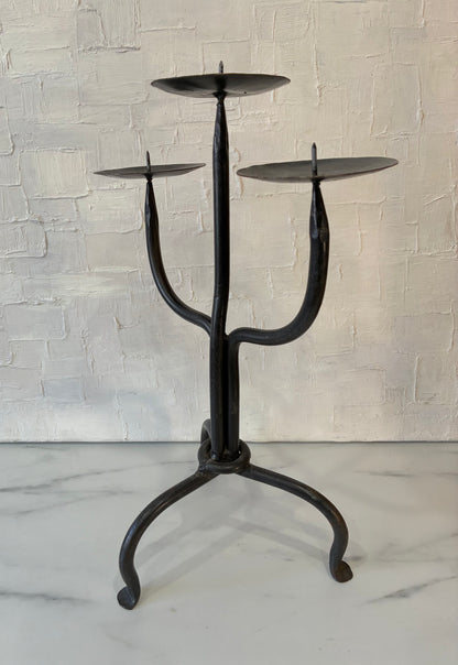 Handcrafted Welded Steel Tri-foot and Tri-head Candelabra