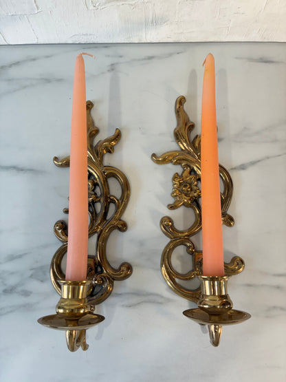 Pair of Vintage Solid Brass Floral Wall Candle Sconces