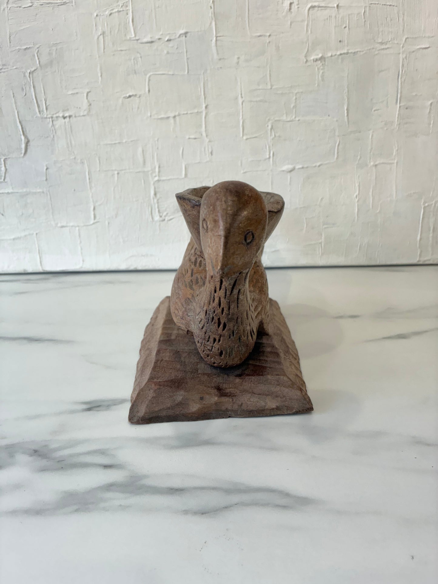 Primitive Wood Carved Folk Art Bird Figurine with Carved Bowl Back
