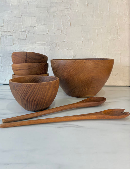 7 Piece MCM Knobler Teak Salad Bowl Set w/ Servers