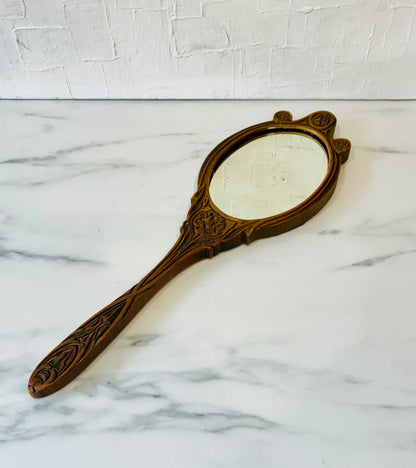 Antique Art Nouveau Carved Wood with Velvet Back Hand Mirror