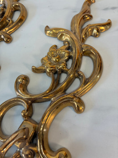 Pair of Vintage Solid Brass Floral Wall Candle Sconces