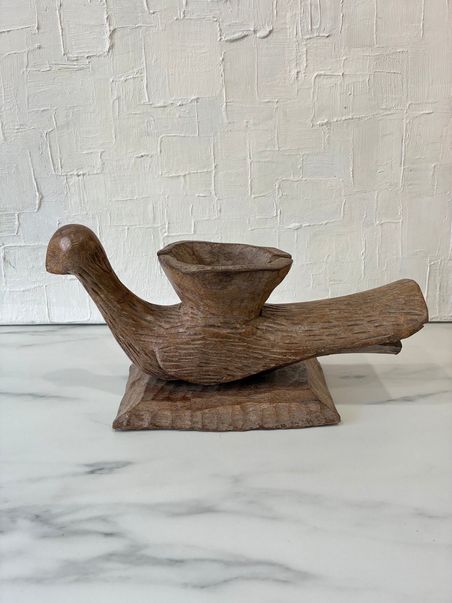 Primitive Wood Carved Folk Art Bird Figurine with Carved Bowl Back
