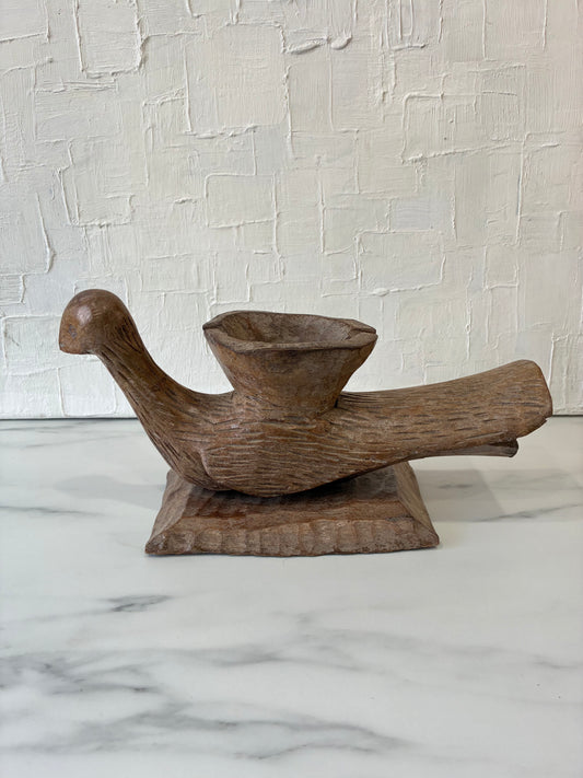 Primitive Wood Carved Folk Art Bird Figurine with Carved Bowl Back