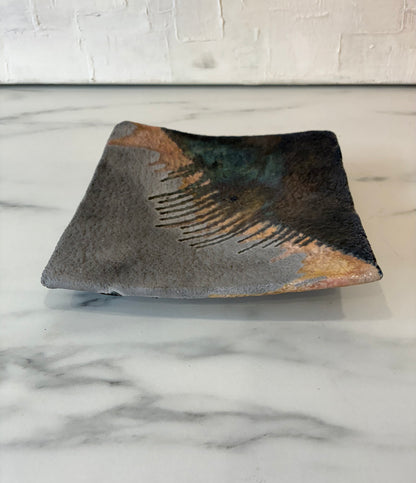 Dissim Raku Fired Blue Dry Drip Glazed Footed Plate Catch-all