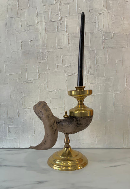 1960’s Faux Ram Horn Candle Holder in Brass Pedestal Stand