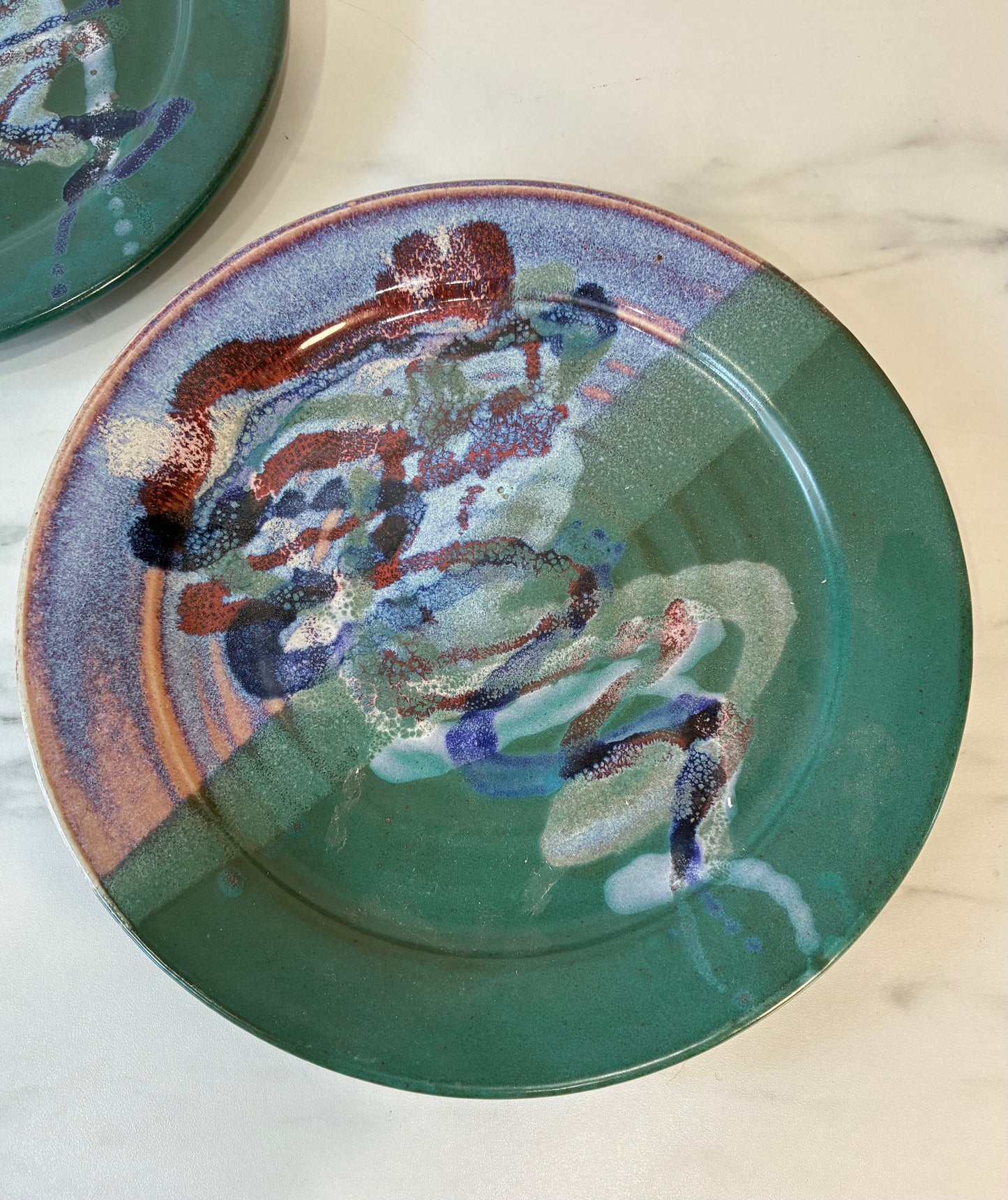 Pair of Bruce Larrabee, Park City Studio Plates, Teal Purple Glaze
