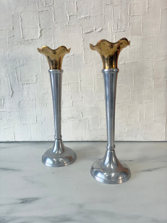 Pair of Brass & Silver Alum Ruffle Top Taper Candle Holders