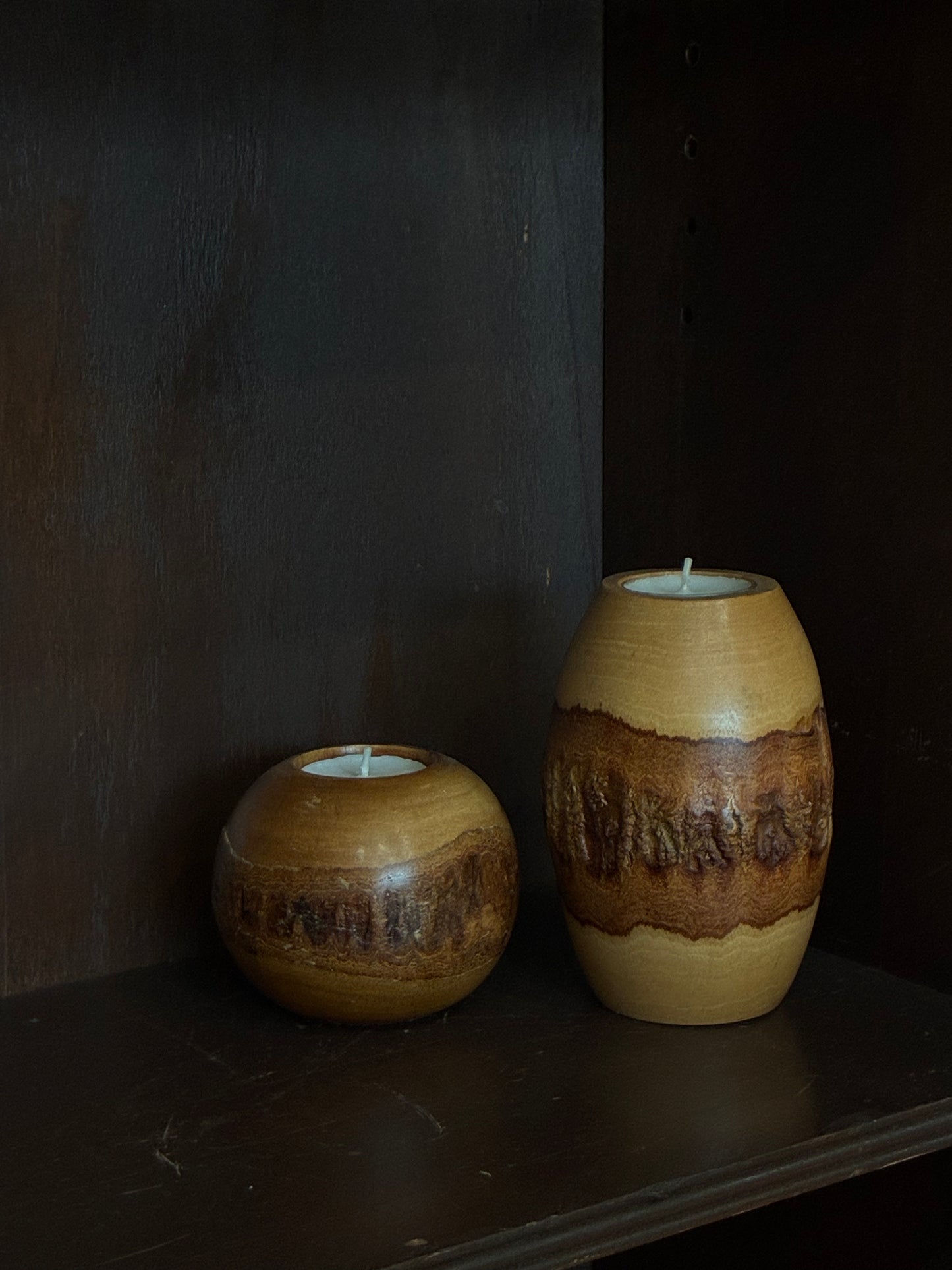 Pair of Live Edge Turned Wood Tea Light Candle Votives