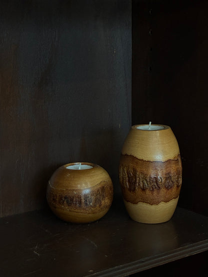Pair of Live Edge Turned Wood Tea Light Candle Votives