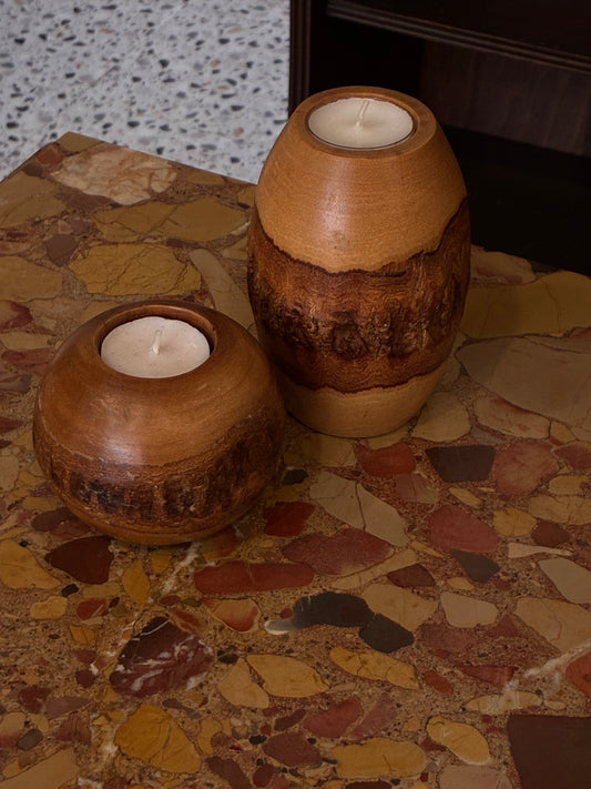 Pair of Live Edge Turned Wood Tea Light Candle Votives