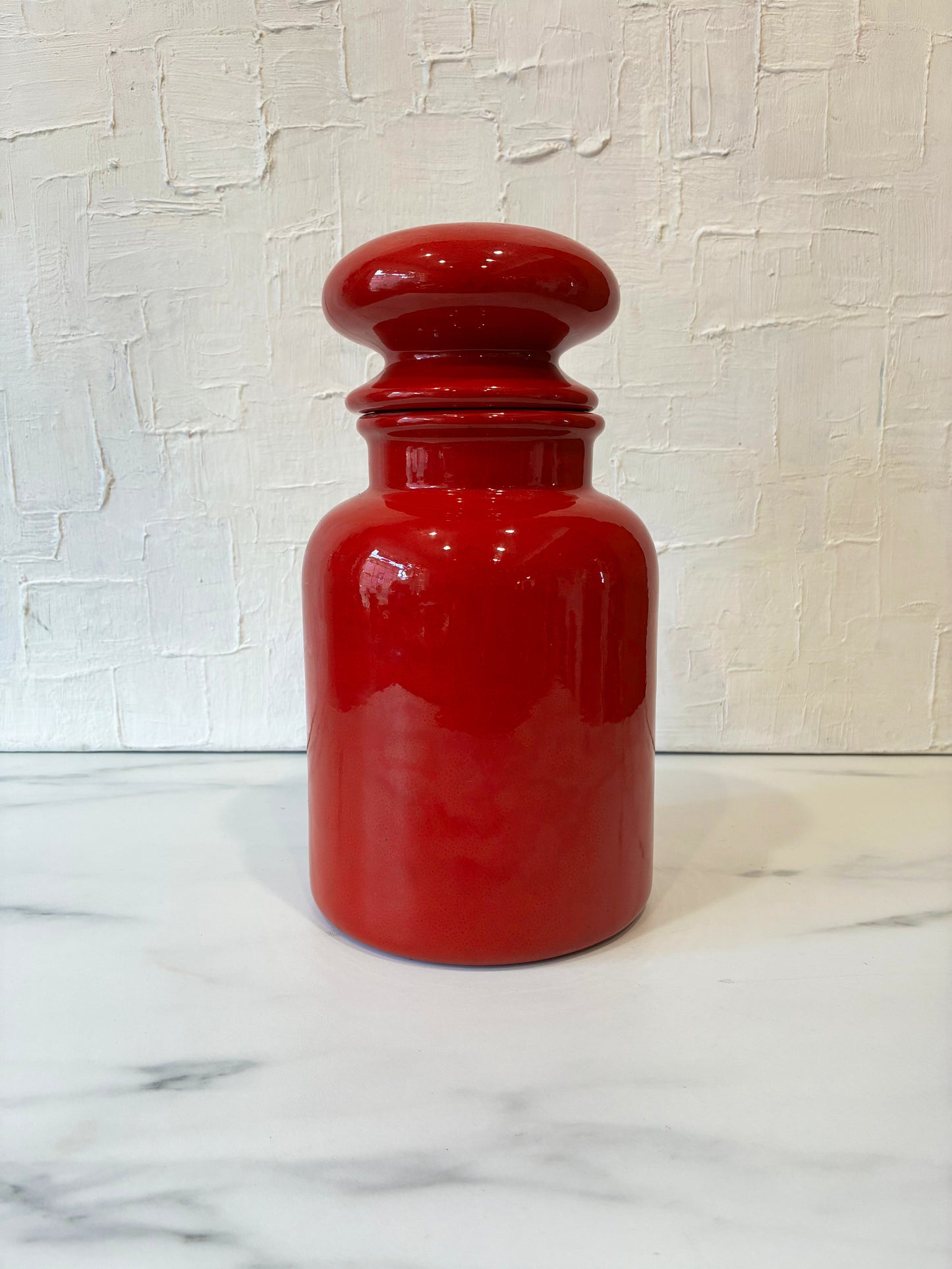 Rare 60’s Red Opaque Ceramic Lidded Apothecary Jar