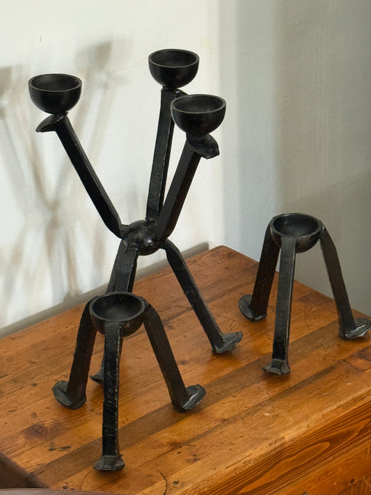 Set of 3, Handcrafted Welded Railroad Spike Iron Candelabra Tri-Head + Two Single Candle Holders