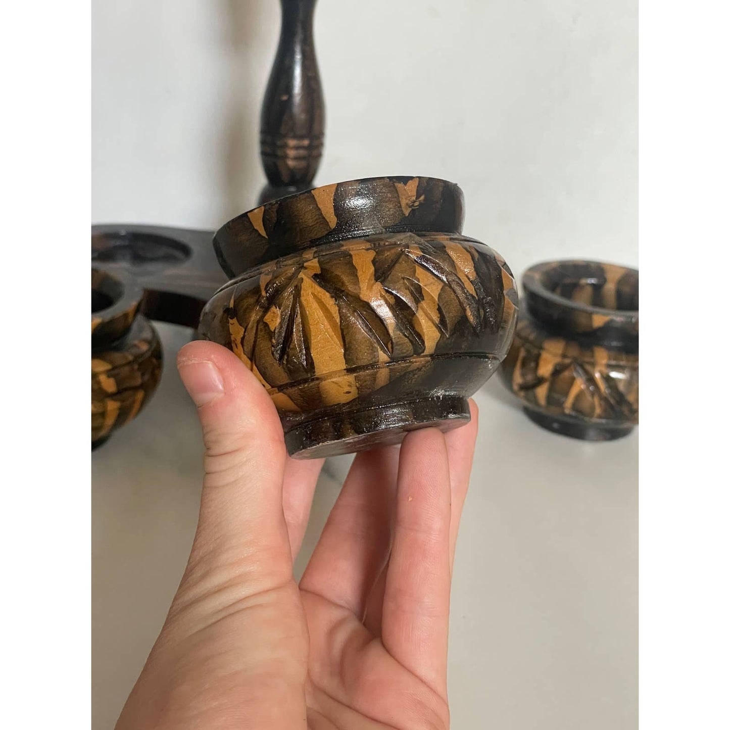 Trio of Zebra Wood Carved Spice Bowls on Lazy Susan Stand