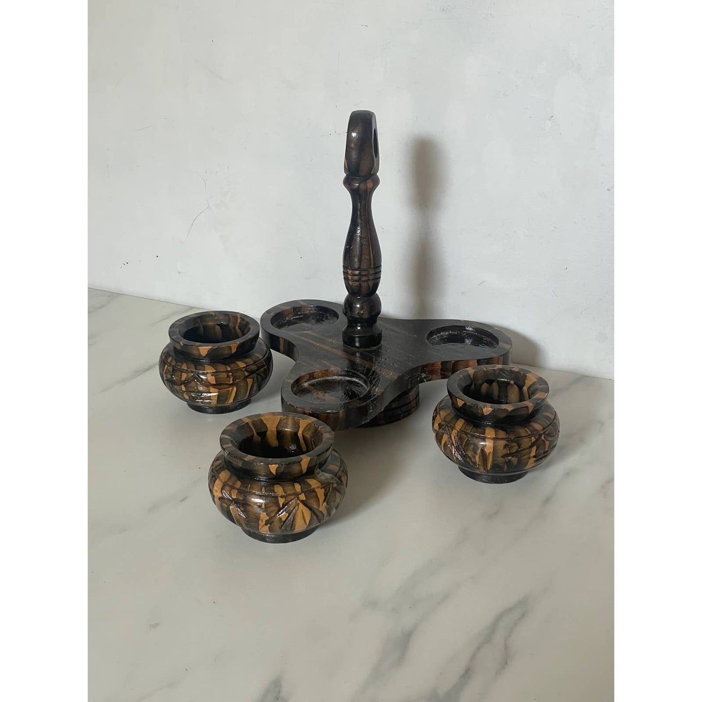 Trio of Zebra Wood Carved Spice Bowls on Lazy Susan Stand