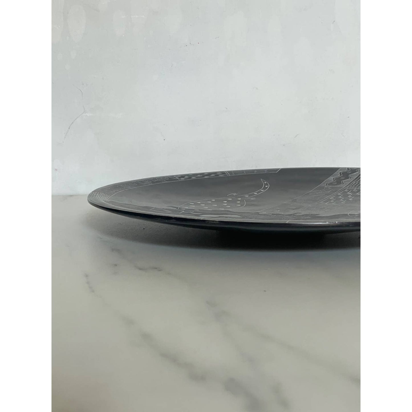 Kenyan Black Soapstone Plate with Handcarved Geometric and Lizard Designs