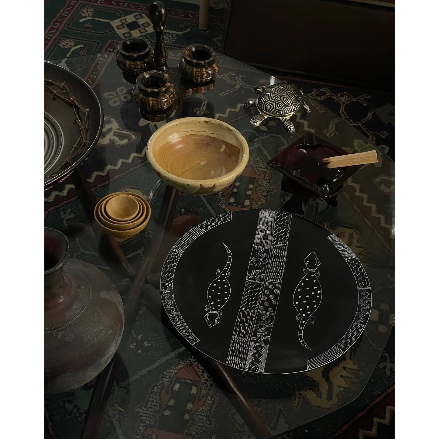 Kenyan Black Soapstone Plate with Handcarved Geometric and Lizard Designs