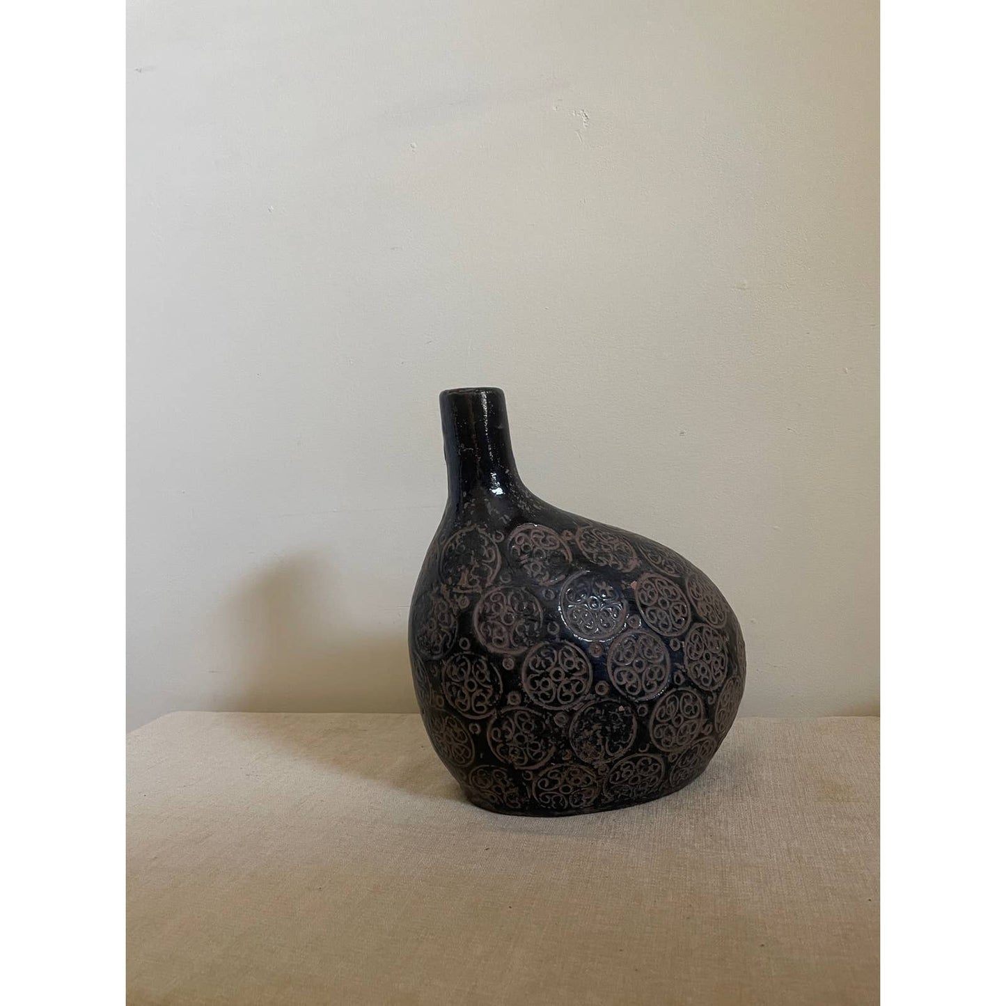 Black Glazed Terracotta Organic Off-Centered Vase