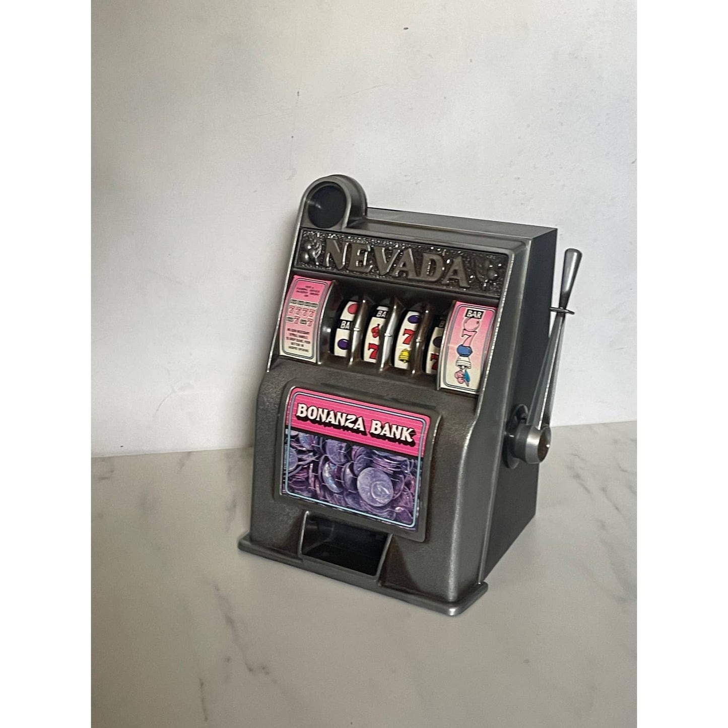 Vintage Metal Pink and Purple Nevada Slot Machine Working Toy Barbie Bank