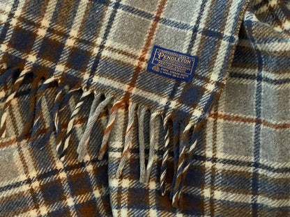 Vintage Pendleton Blue & Brown Plaid Wool Blanket