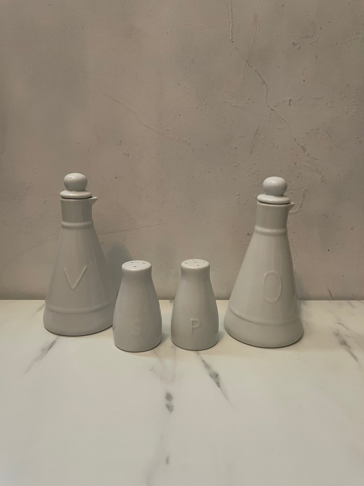 Porcelain Cruet set of olive oil, vinegar, salt and pepper shakers- sold as set