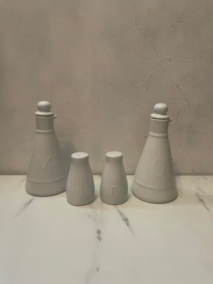 Porcelain Cruet set of olive oil, vinegar, salt and pepper shakers- sold as set