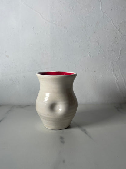 Cream Dimpled Vase with Red Interior Glaze