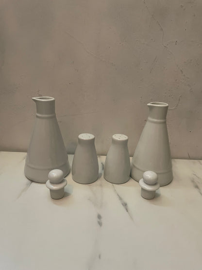Porcelain Cruet set of olive oil, vinegar, salt and pepper shakers- sold as set