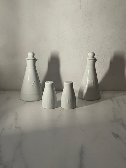 Porcelain Cruet set of olive oil, vinegar, salt and pepper shakers- sold as set