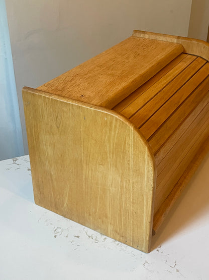 Vintage Blonde Wood Roll Top Bread Box