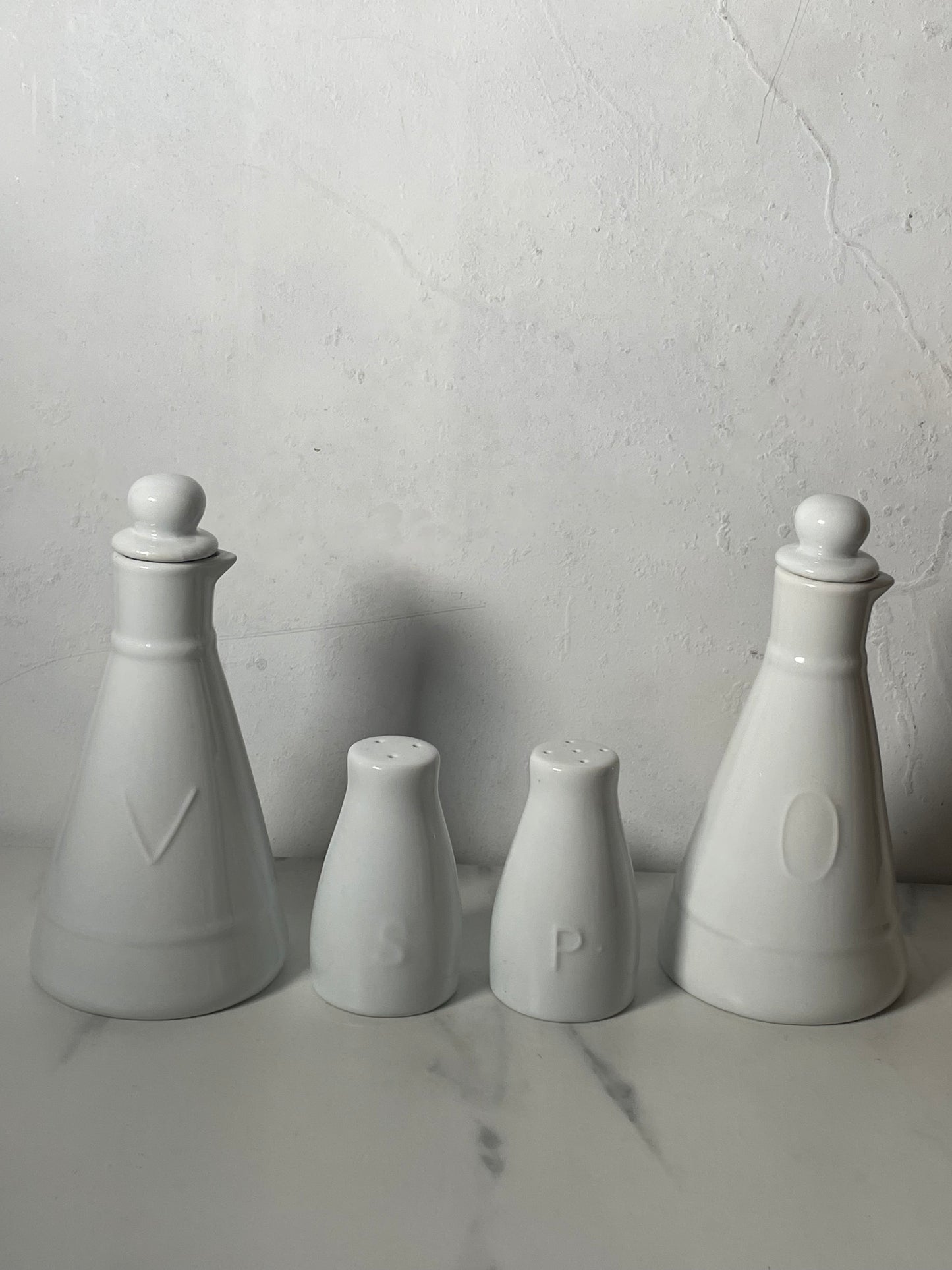 Porcelain Cruet set of olive oil, vinegar, salt and pepper shakers- sold as set