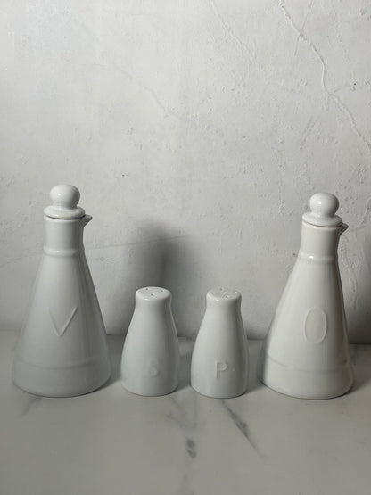 Porcelain Cruet set of olive oil, vinegar, salt and pepper shakers- sold as set