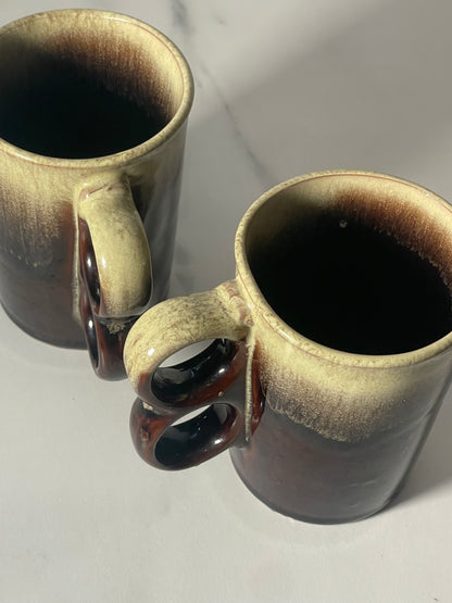 Green and Brown Stoneware Mugs with Double Handles - Set of 2