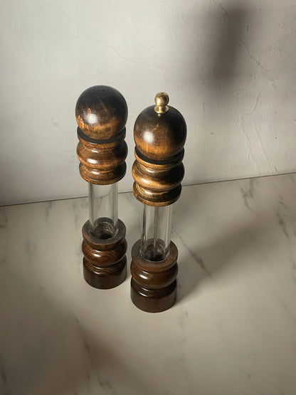 Wood and Brass Salt Shaker and Pepper Grinder - Made in Japan