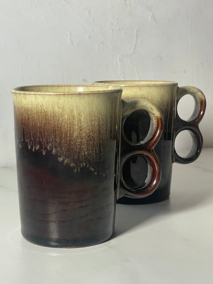 Green and Brown Stoneware Mugs with Double Handles - Set of 2