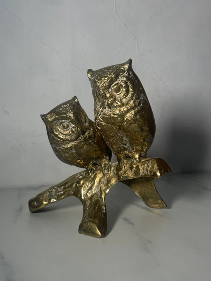 Vintage Pair of Brass Owls on Branch