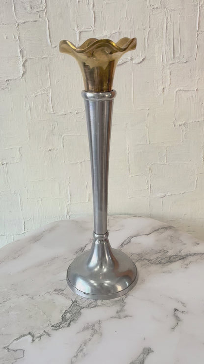 Pair of Brass & Silver Alum Ruffle Top Taper Candle Holders